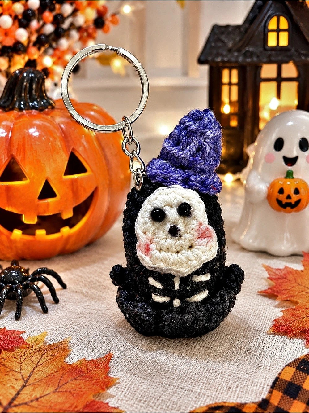 Crocheted Halloween Keychain in Black & Purple